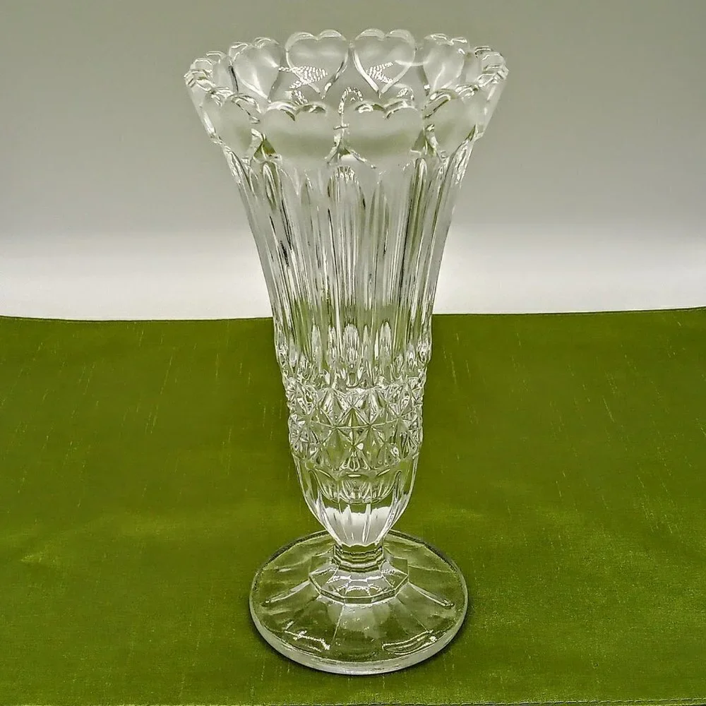 Clear Crystal Tall Glass Vase Frosted Hearts Rim